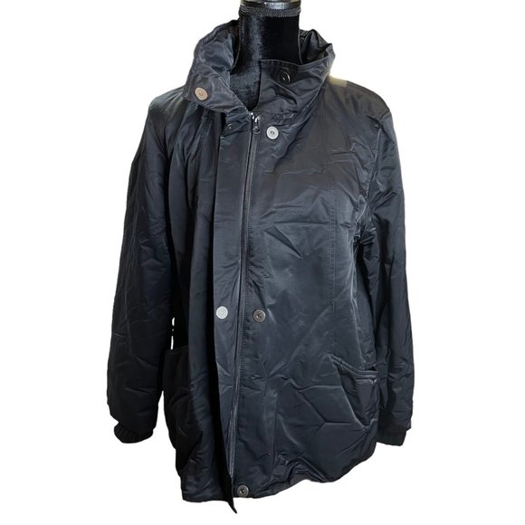 Eileen Fisher Jacket Womens Large Black Fleece Lined Removable Hood High Neck - Picture 7 of 16